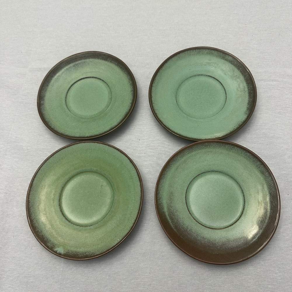 Vintage Frankoma Pottery 6E Saucers Set 4p Woodland Moss Green Brown Plainsman